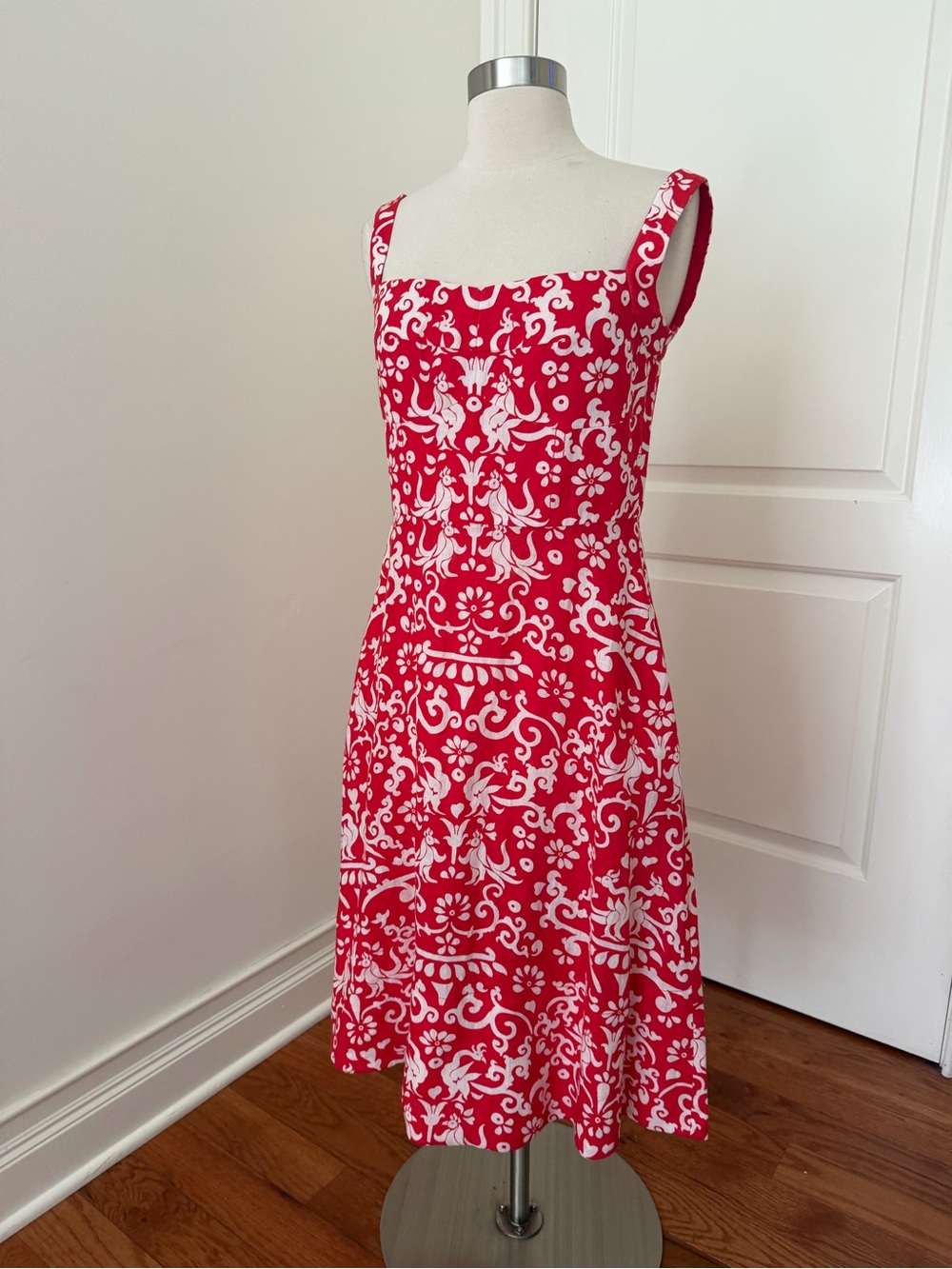 SALONI Red and White Floral-Scroll Midi Dress Sz 6